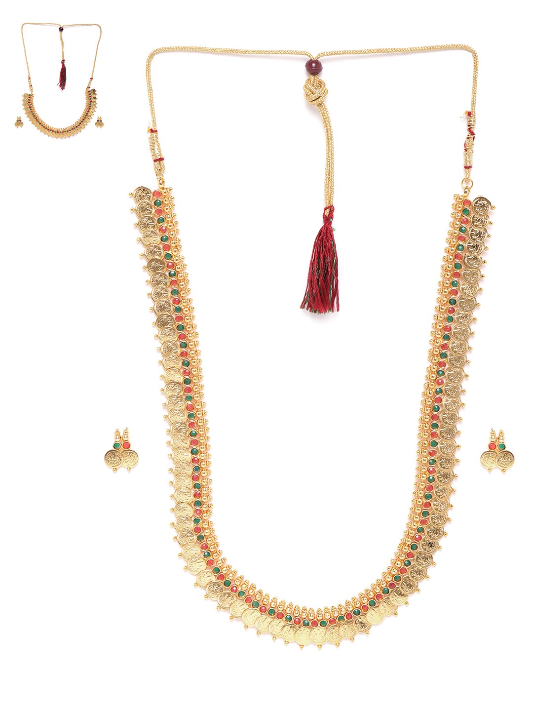 YouBella All Time Combo of Red Green Long Traditional Maharani Coin Jewellery Set and Red Green Coin Necklace Set